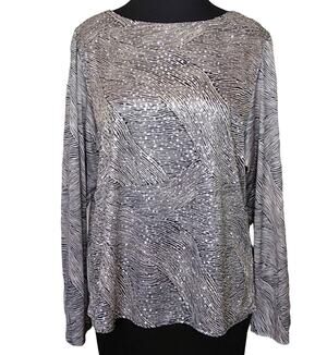 Boston Maid Womens Large Vintage Zebra Print Glitter Blouse Metallic Black White